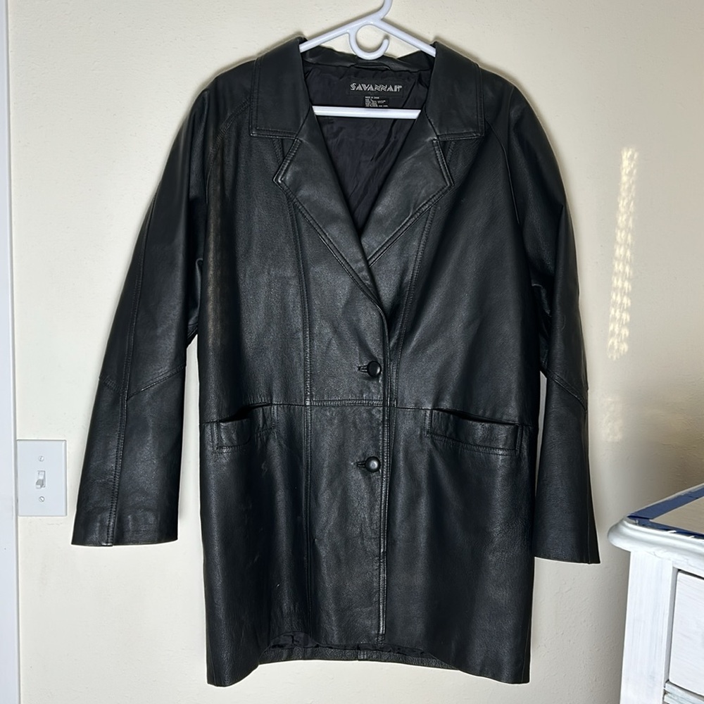 Vintage Savannah Black Leather‎ Trench Coat Long